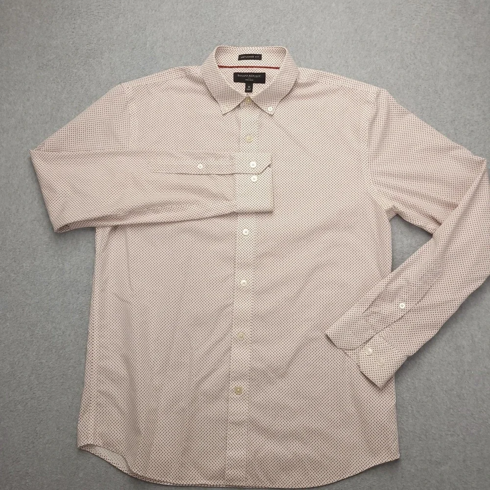 Banana Republic Dress Shirt Mens 15.5 33/34 White Geometric Regular Fit Non Iron